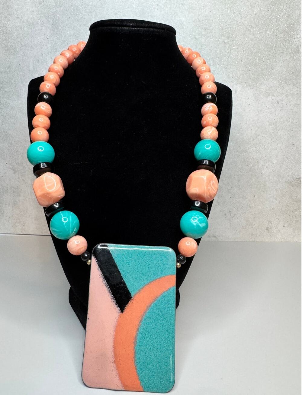 Retro 70s Statement Necklace Large Geometric Enameled Pendant